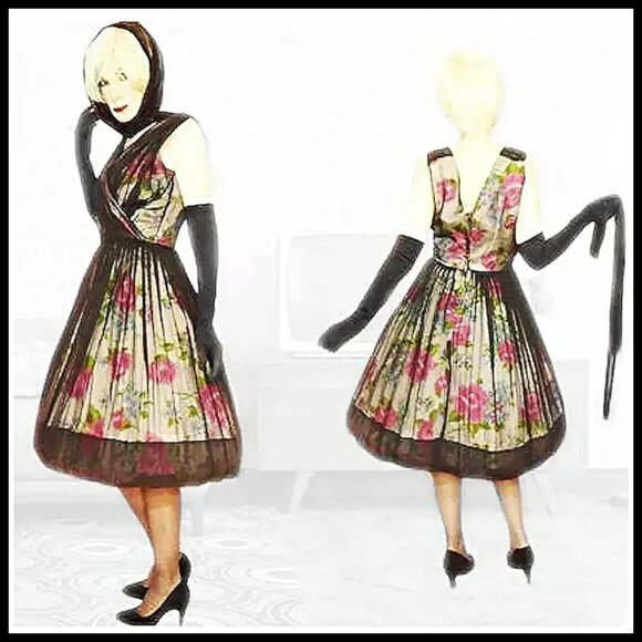 Vintage Formal Iconic 50s Dress Fit & Flare Evening Party Cocktail - Picture 5 of 14